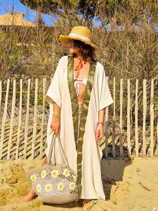 Kimono long femme chanvre naturel artisanal Camélia - Maison Margaritas